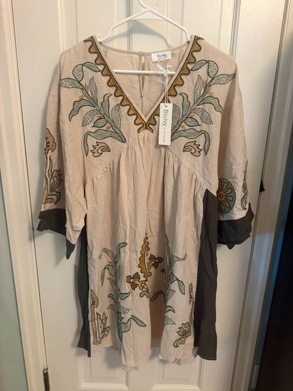 Bluivy Sage Embroidered Babydoll Tunic Dress  Large NWT | Boho Cotton